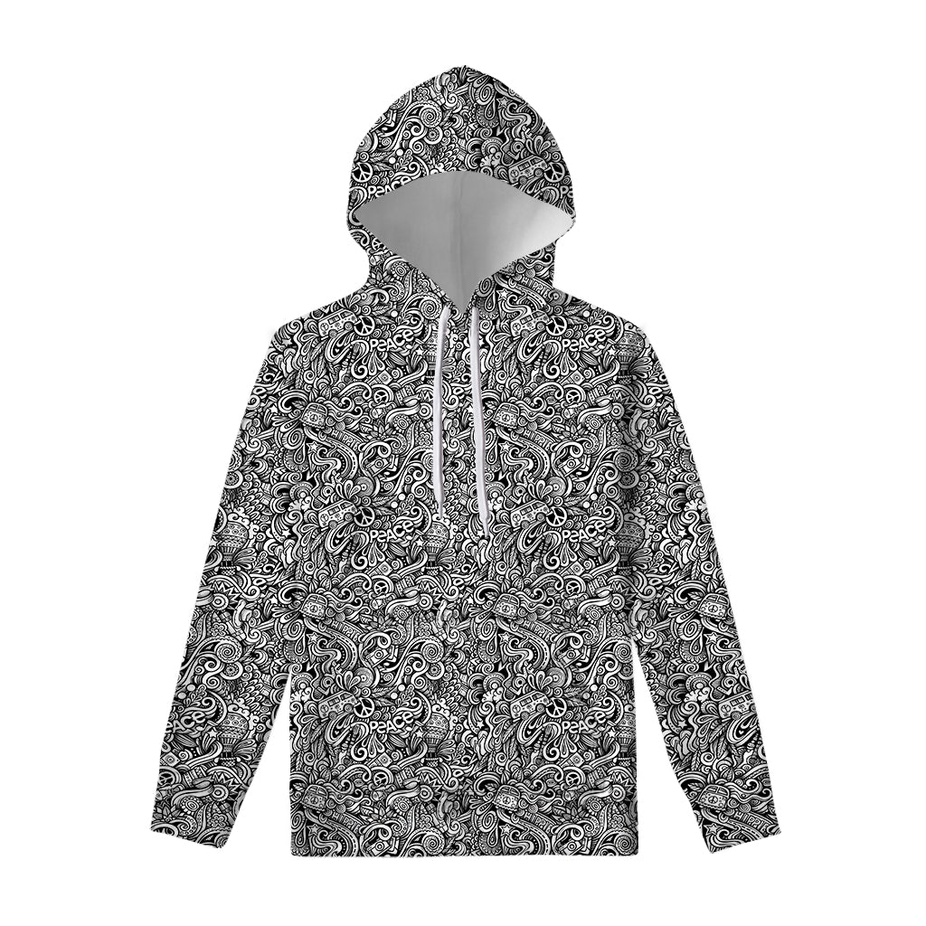 Monochrome Graffiti Hippie Pattern Print Pullover Hoodie