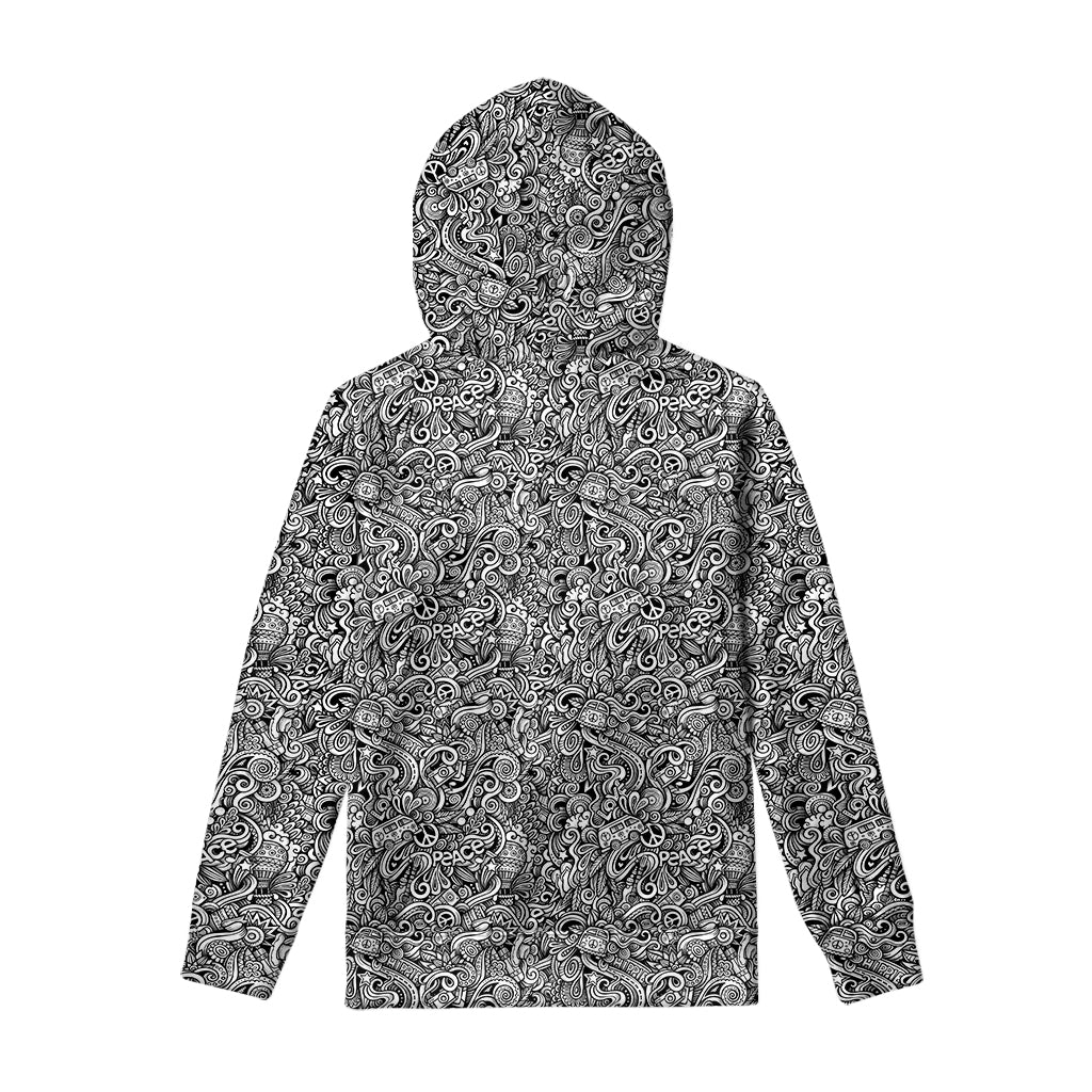 Monochrome Graffiti Hippie Pattern Print Pullover Hoodie