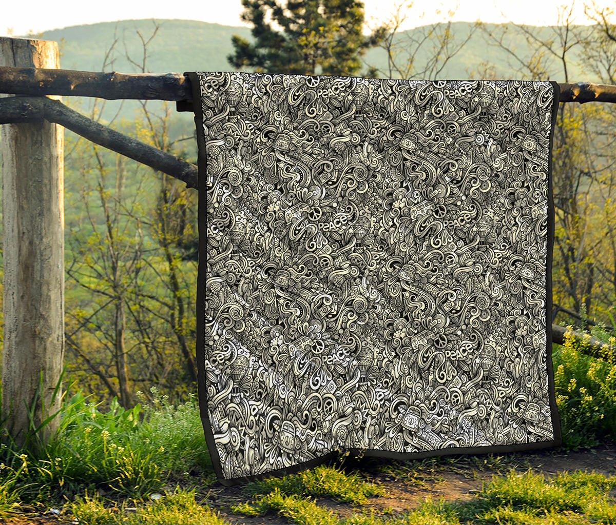 Monochrome Graffiti Hippie Pattern Print Quilt