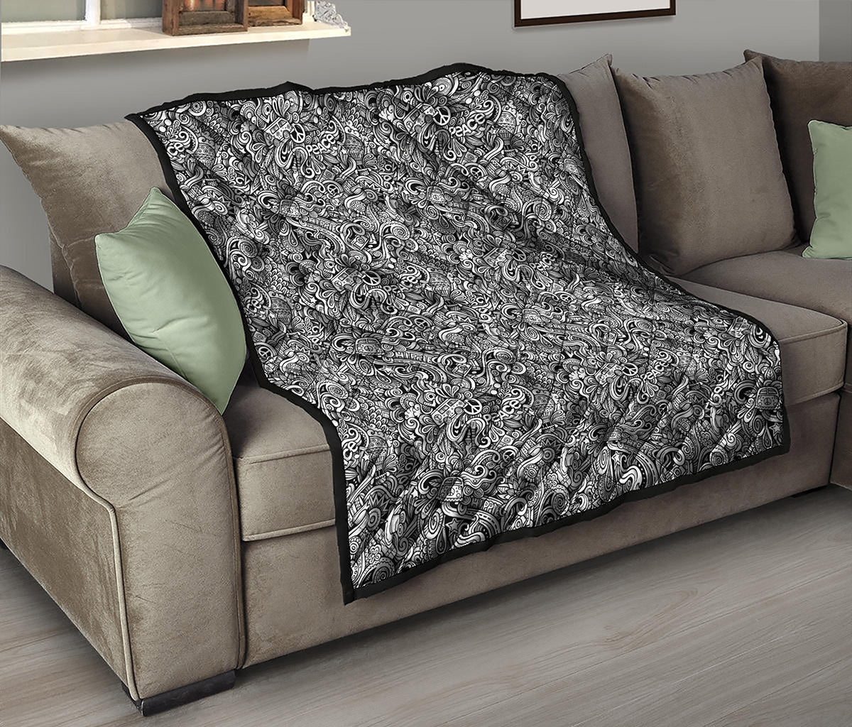 Monochrome Graffiti Hippie Pattern Print Quilt