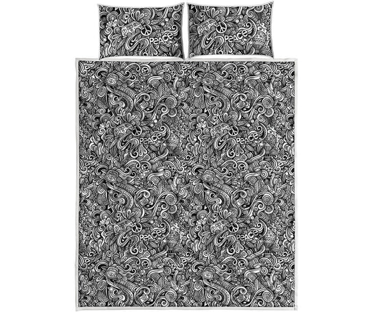 Monochrome Graffiti Hippie Pattern Print Quilt Bed Set