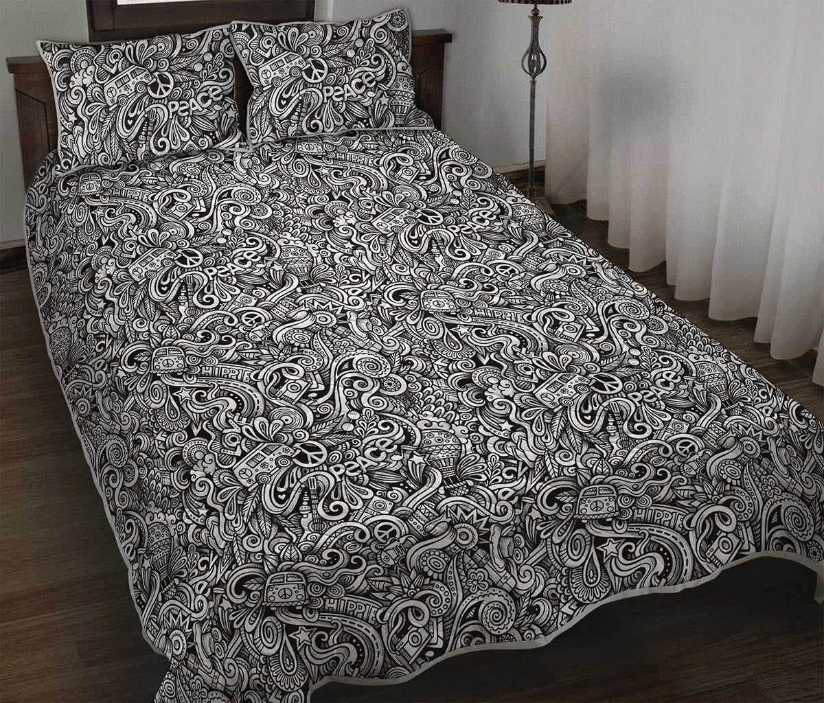 Monochrome Graffiti Hippie Pattern Print Quilt Bed Set