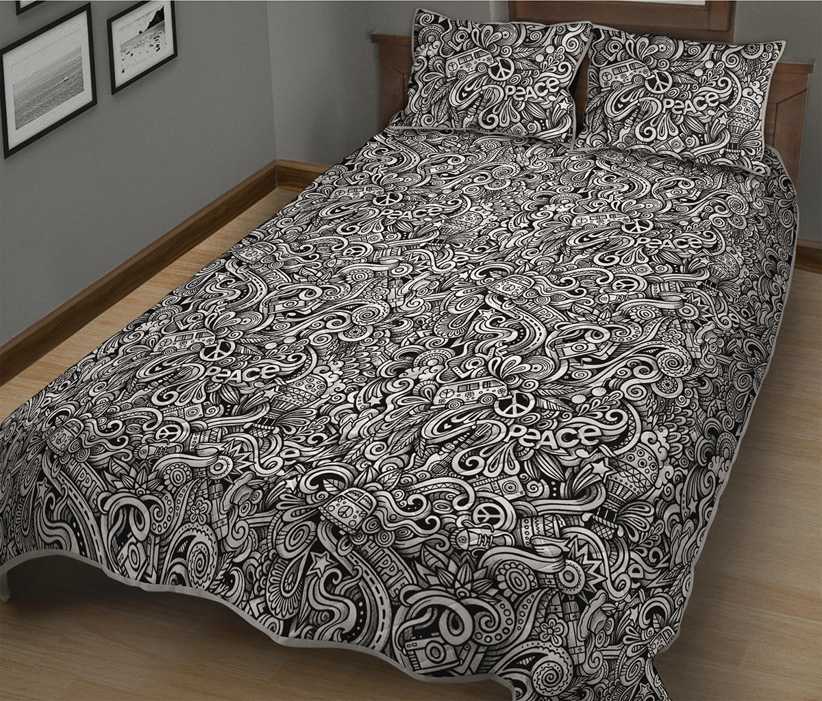 Monochrome Graffiti Hippie Pattern Print Quilt Bed Set