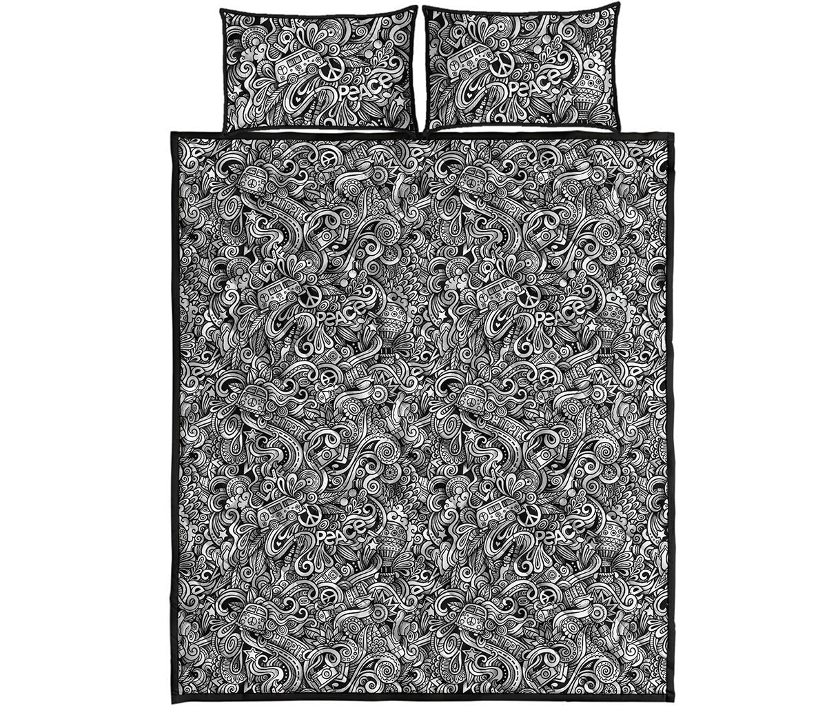 Monochrome Graffiti Hippie Pattern Print Quilt Bed Set