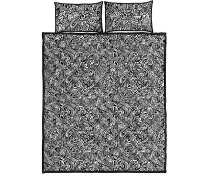 Monochrome Graffiti Hippie Pattern Print Quilt Bed Set