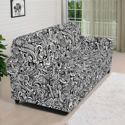 Monochrome Graffiti Hippie Pattern Print Sofa Cover