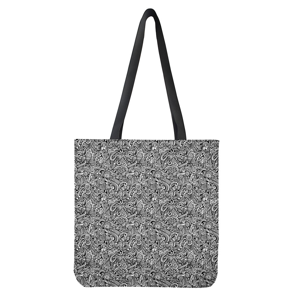 Monochrome Graffiti Hippie Pattern Print Tote Bag