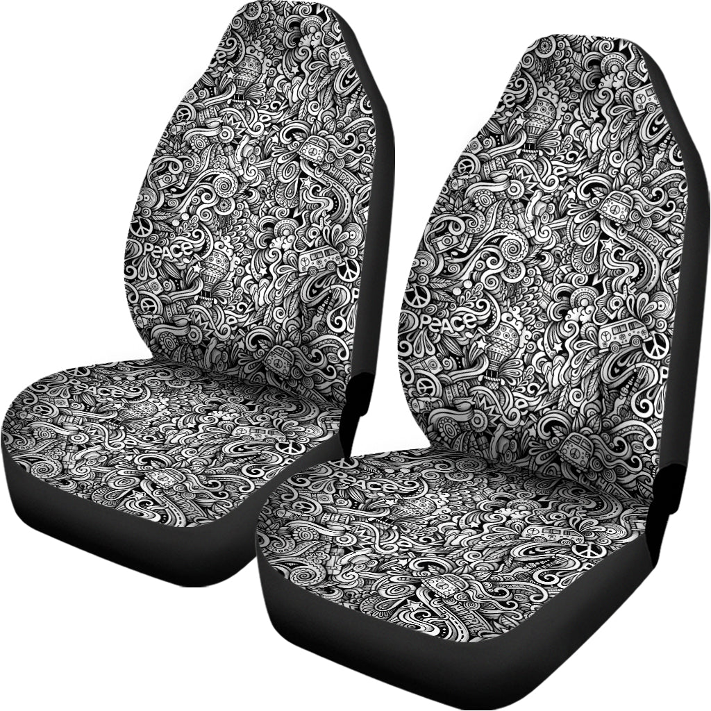 Monochrome Graffiti Hippie Pattern Print Universal Fit Car Seat Covers