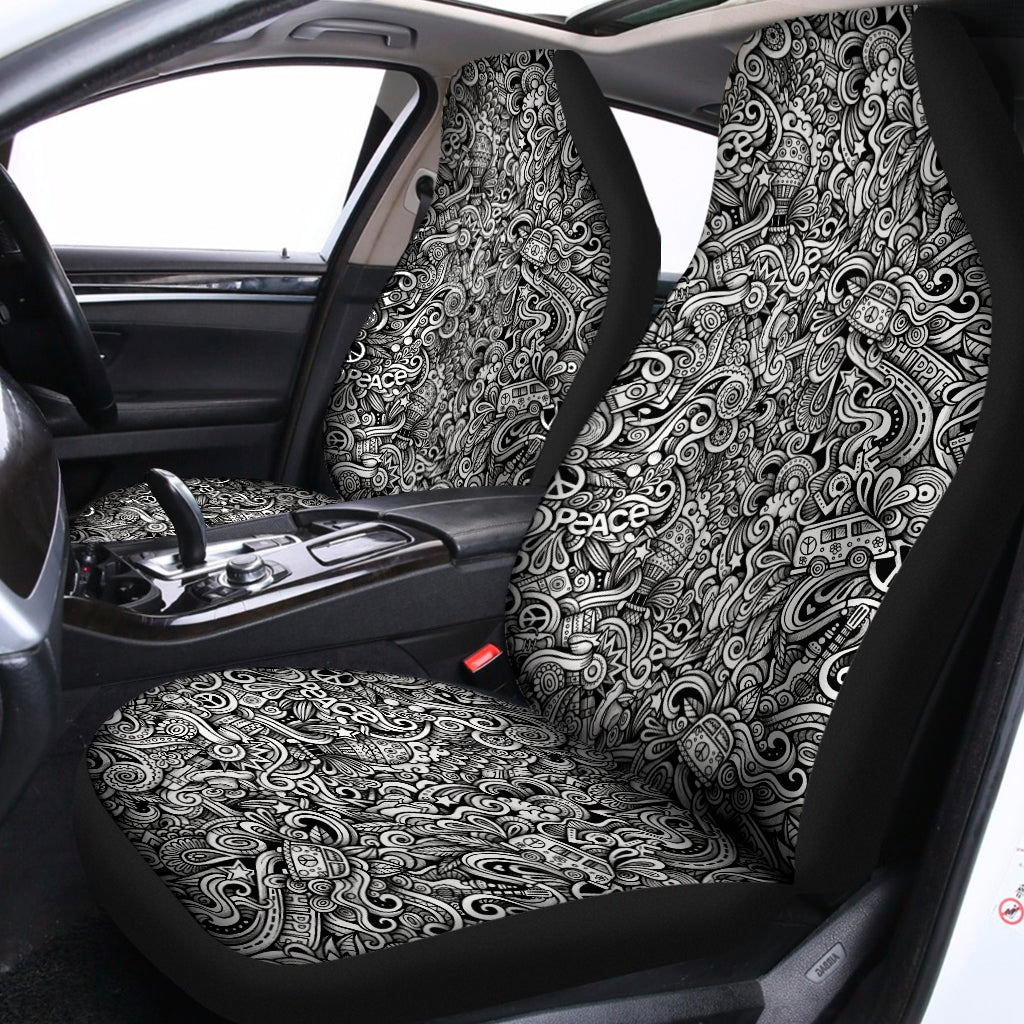 Monochrome Graffiti Hippie Pattern Print Universal Fit Car Seat Covers