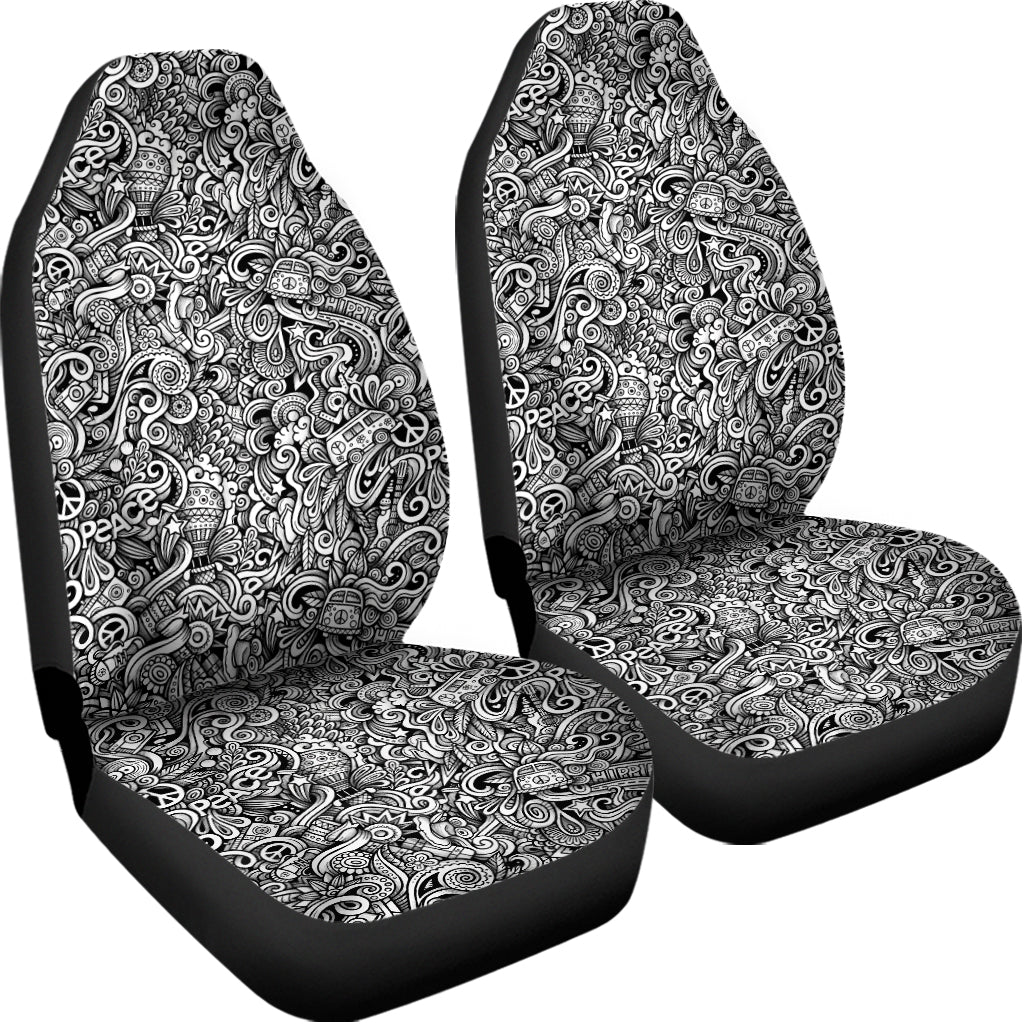 Monochrome Graffiti Hippie Pattern Print Universal Fit Car Seat Covers