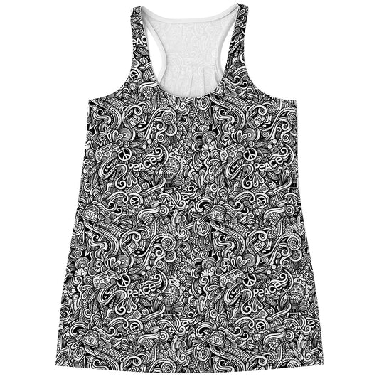 Monochrome Graffiti Hippie Pattern Print Women's Racerback Tank Top