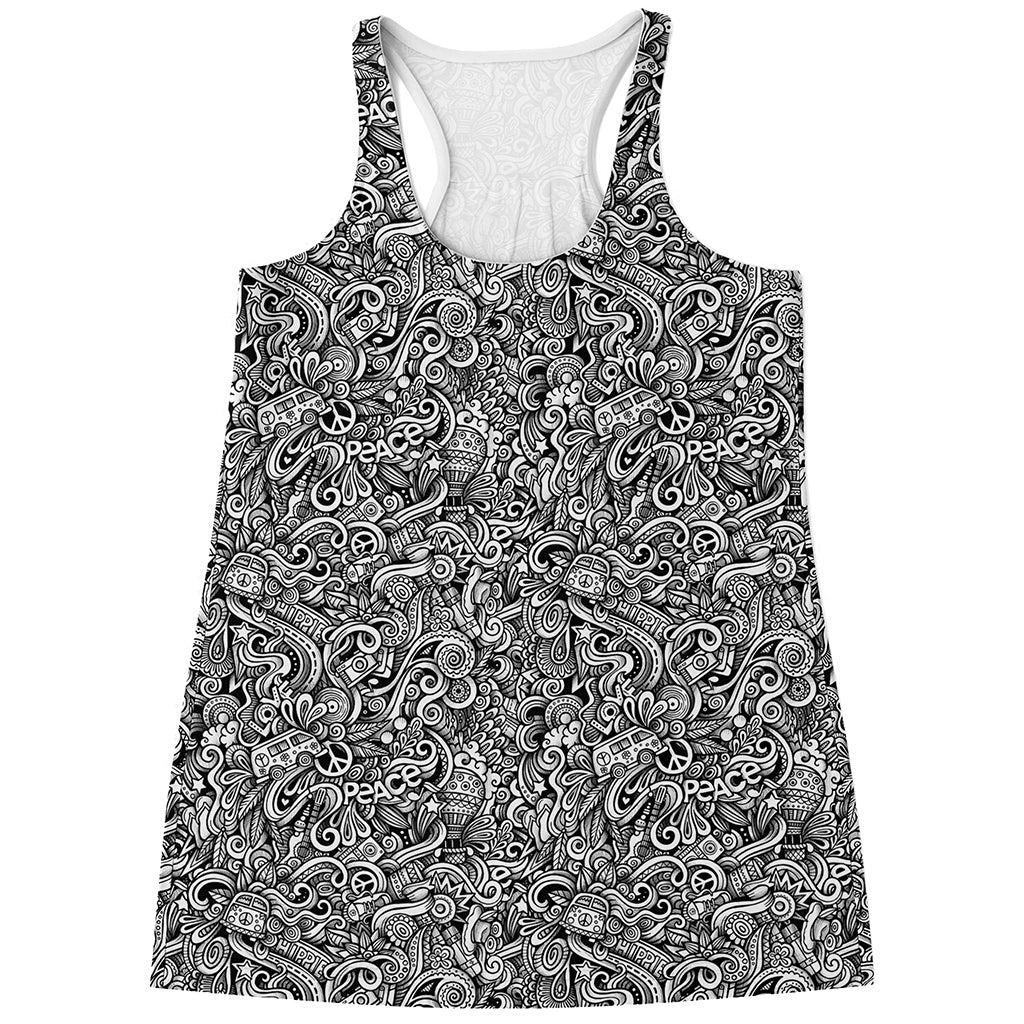 Monochrome Graffiti Hippie Pattern Print Women's Racerback Tank Top