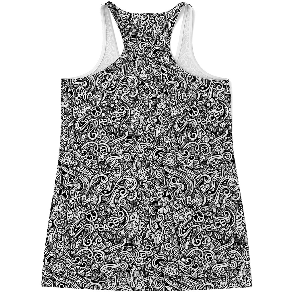 Monochrome Graffiti Hippie Pattern Print Women's Racerback Tank Top