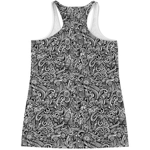 Monochrome Graffiti Hippie Pattern Print Women's Racerback Tank Top