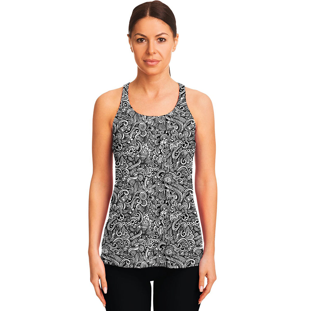 Monochrome Graffiti Hippie Pattern Print Women's Racerback Tank Top