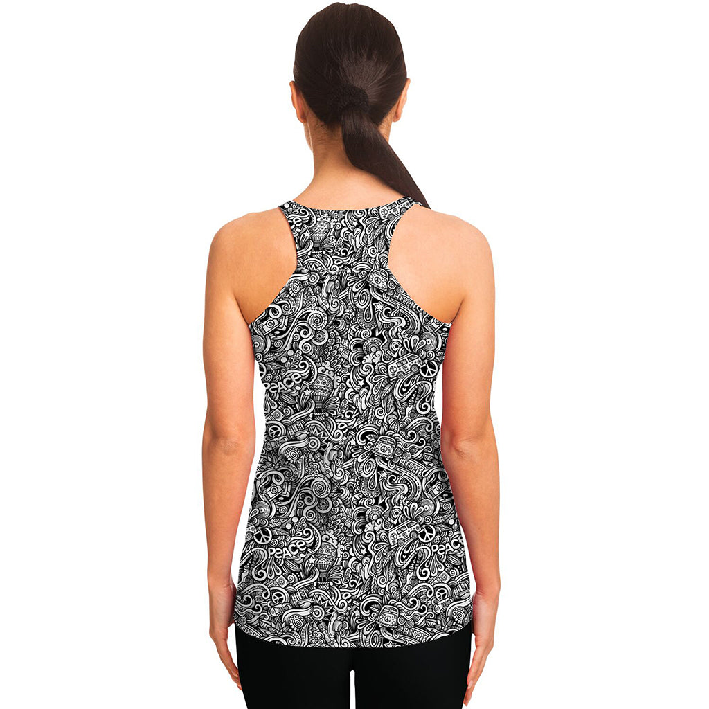 Monochrome Graffiti Hippie Pattern Print Women's Racerback Tank Top