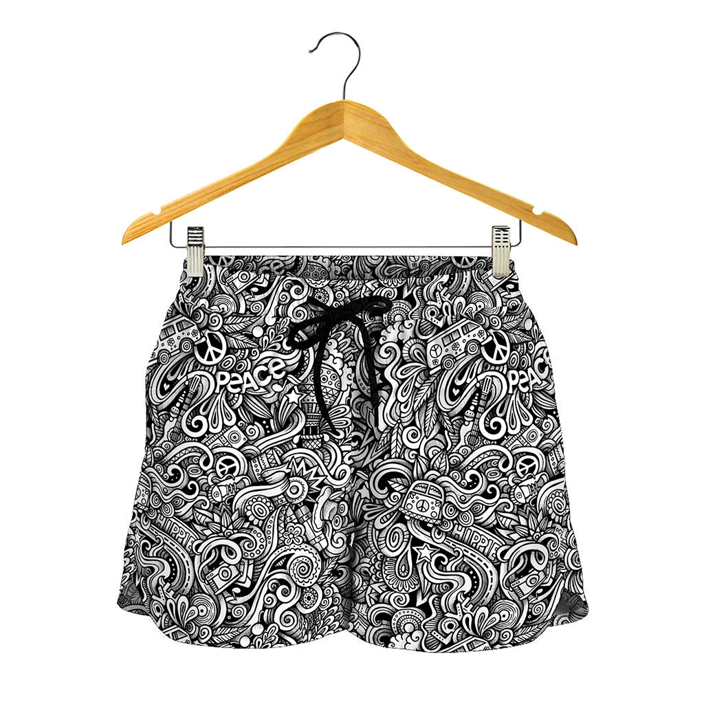 Monochrome Graffiti Hippie Pattern Print Women's Shorts