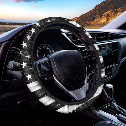 Monochrome Grunge American Flag Print Car Steering Wheel Cover