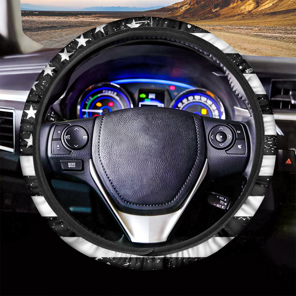 Monochrome Grunge American Flag Print Car Steering Wheel Cover