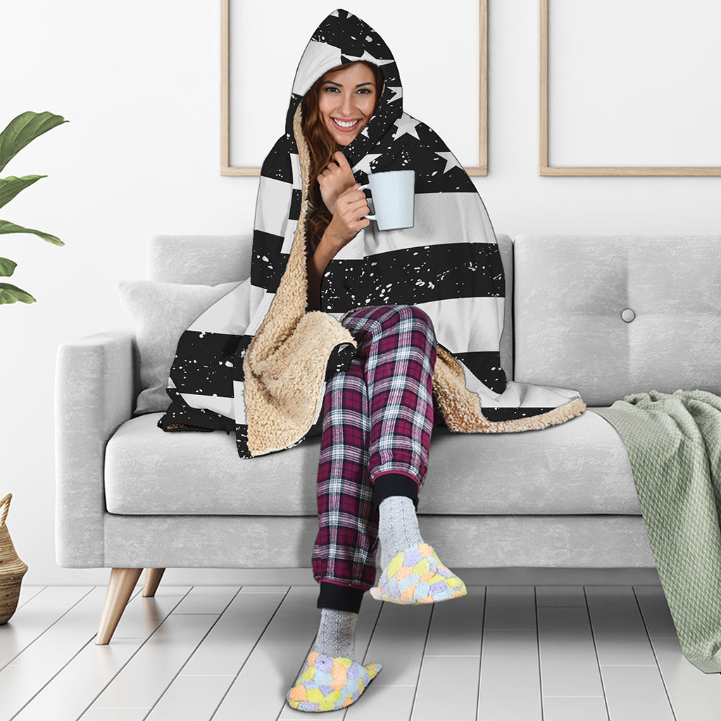 Monochrome Grunge American Flag Print Hooded Blanket