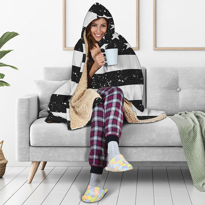 Monochrome Grunge American Flag Print Hooded Blanket