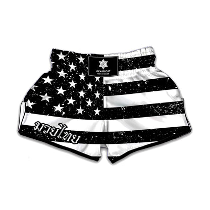 Monochrome Grunge American Flag Print Muay Thai Boxing Shorts