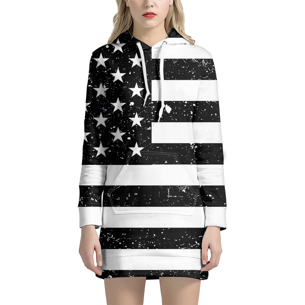 Monochrome Grunge American Flag Print Pullover Hoodie Dress