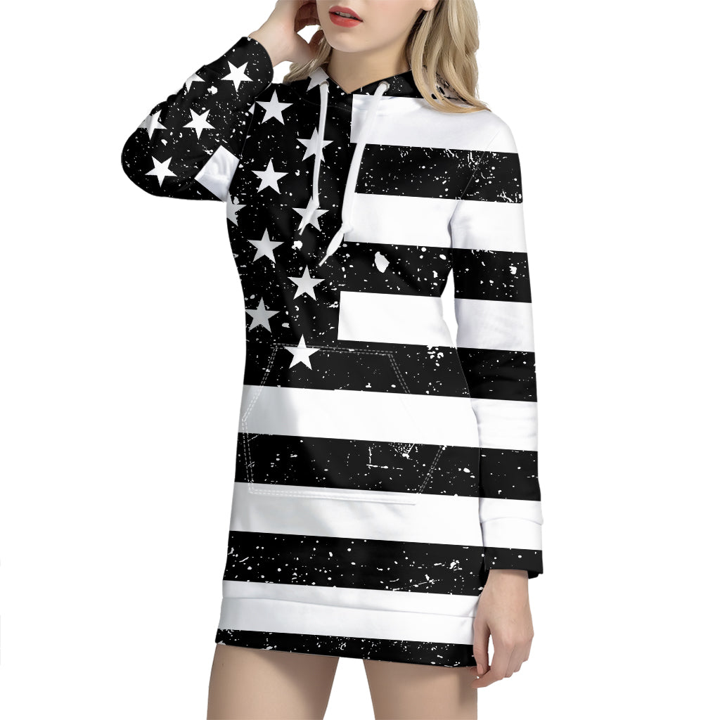 Monochrome Grunge American Flag Print Pullover Hoodie Dress