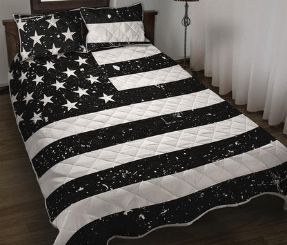 Monochrome Grunge American Flag Print Quilt Bed Set
