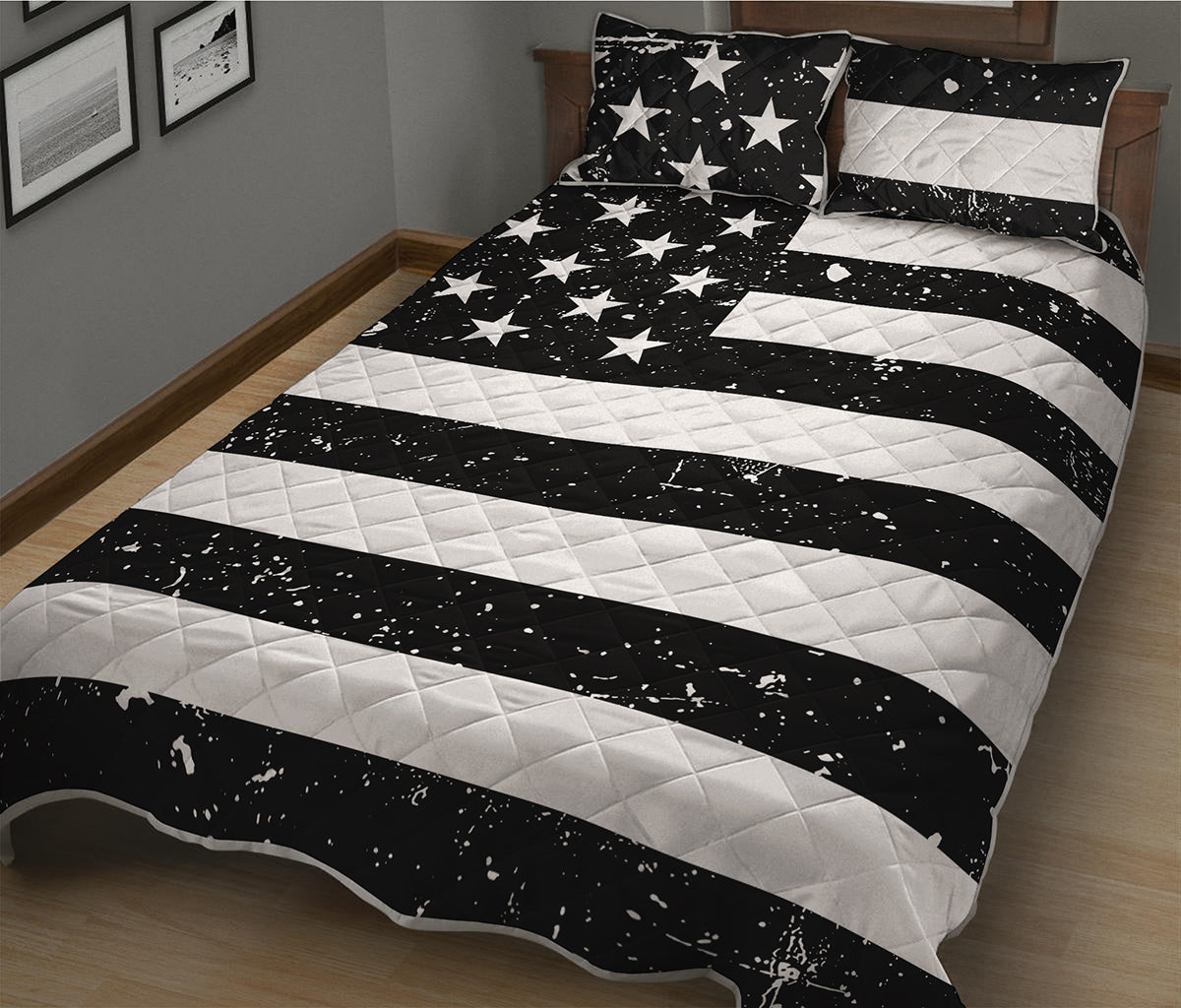 Monochrome Grunge American Flag Print Quilt Bed Set