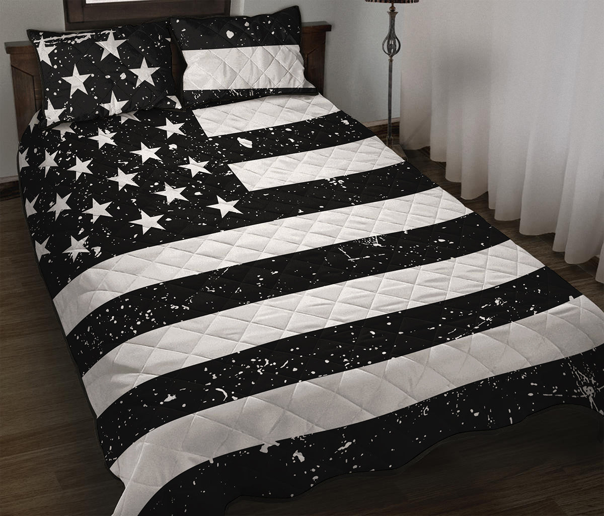 Monochrome Grunge American Flag Print Quilt Bed Set