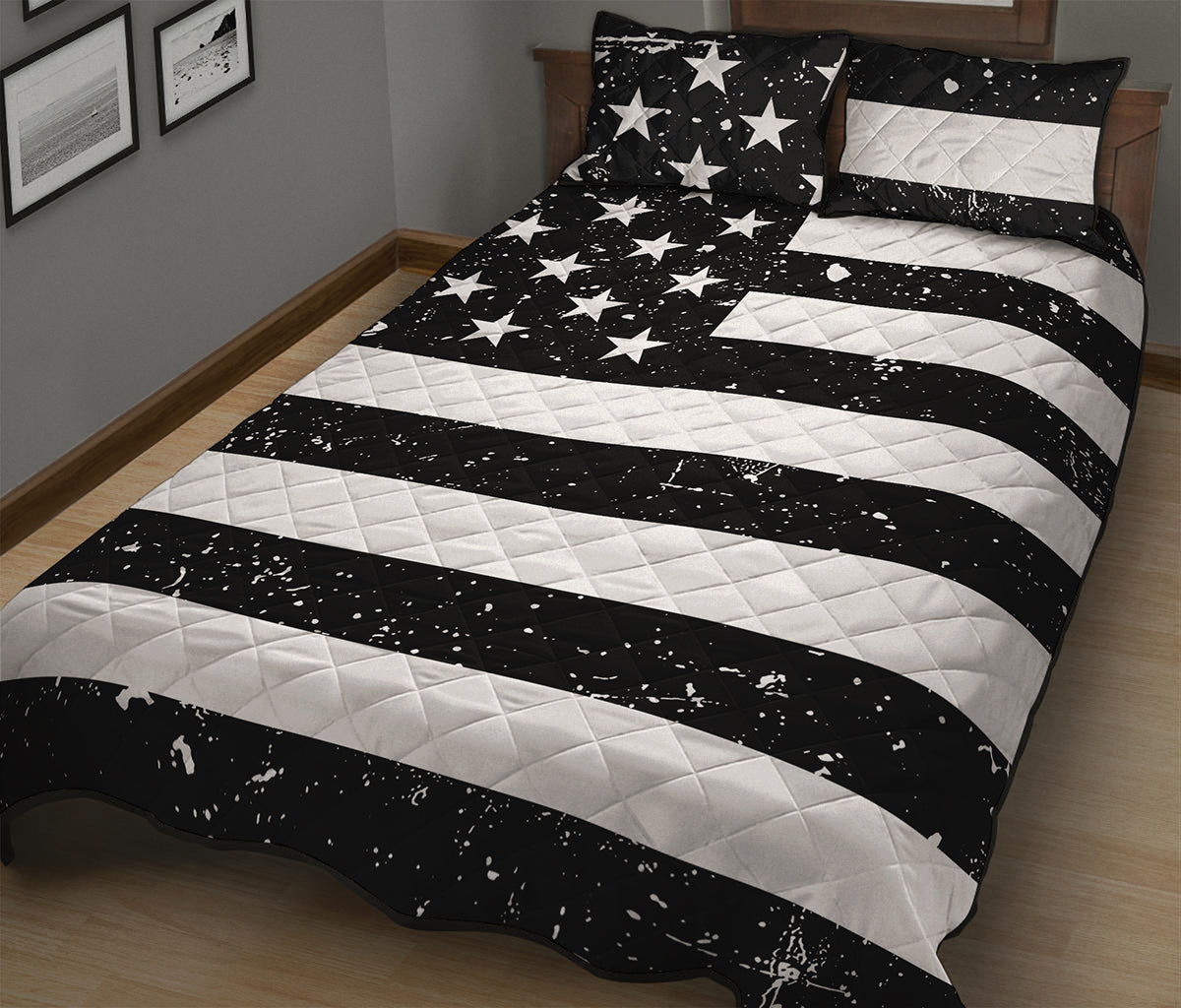Monochrome Grunge American Flag Print Quilt Bed Set