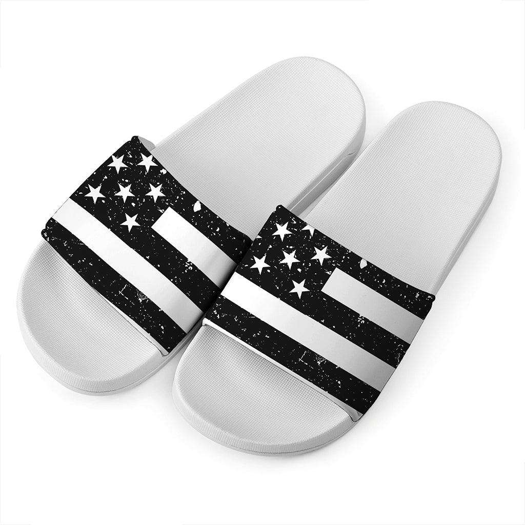 Monochrome Grunge American Flag Print White Slide Sandals