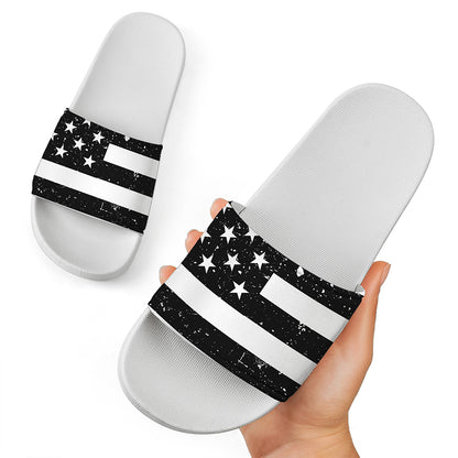 Monochrome Grunge American Flag Print White Slide Sandals