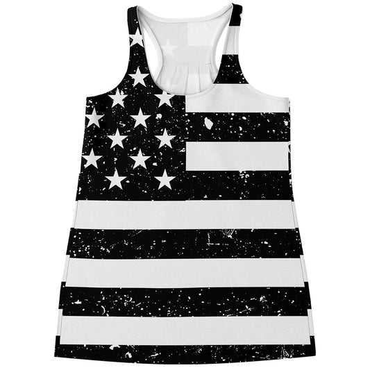 Monochrome Grunge American Flag Print Women's Racerback Tank Top