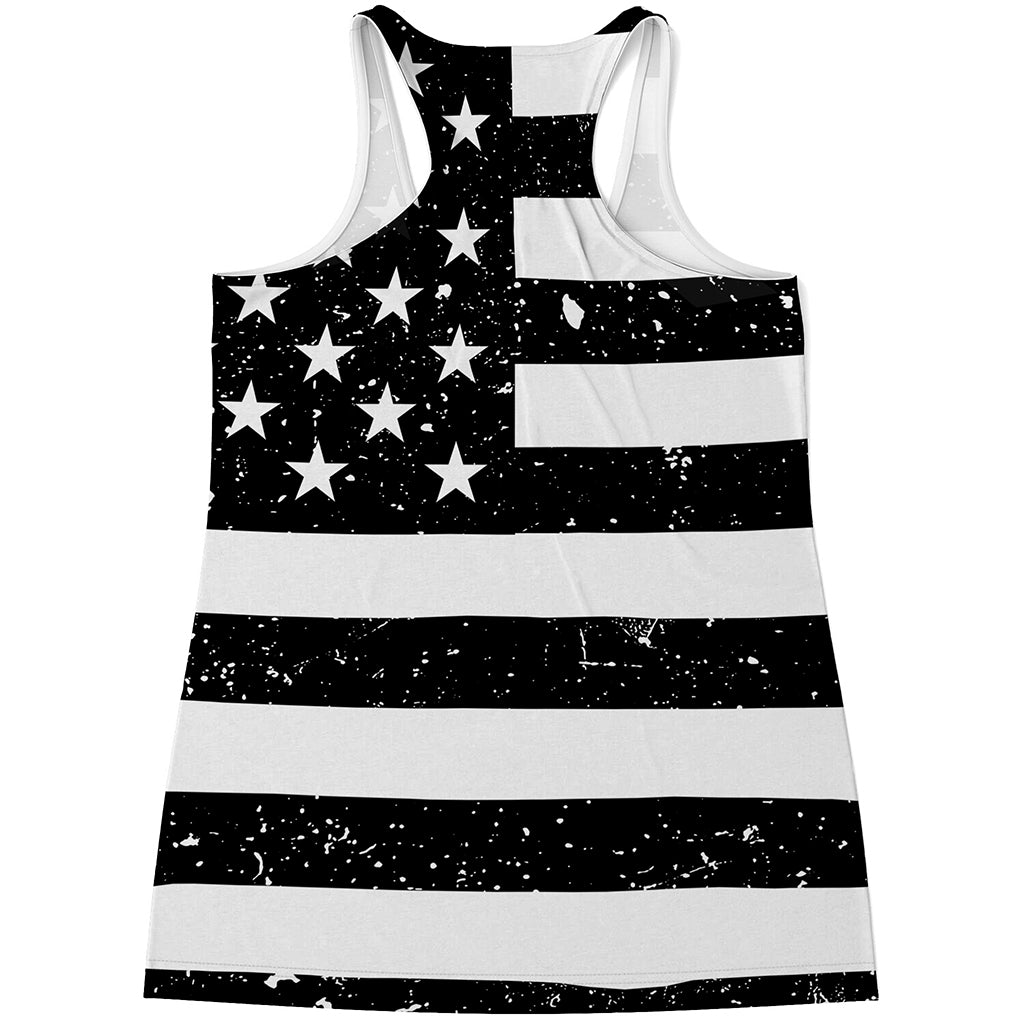 Monochrome Grunge American Flag Print Women's Racerback Tank Top