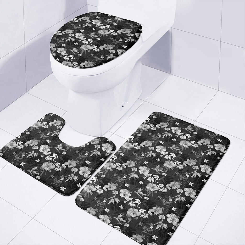 Monochrome Hawaiian Floral Print 3 Piece Bath Mat Set