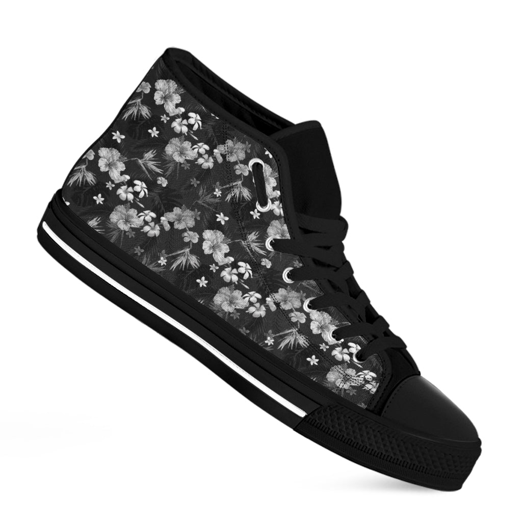 Monochrome Hawaiian Floral Print Black High Top Shoes