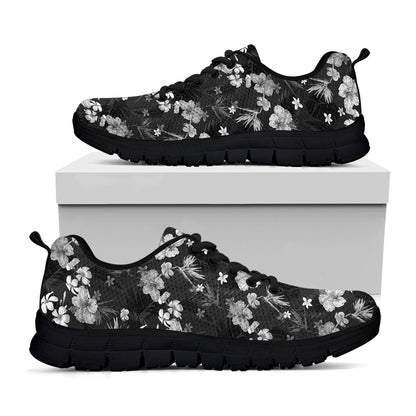 Monochrome Hawaiian Floral Print Black Sneakers