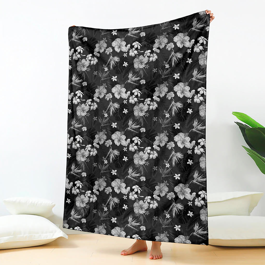 Monochrome Hawaiian Floral Print Blanket