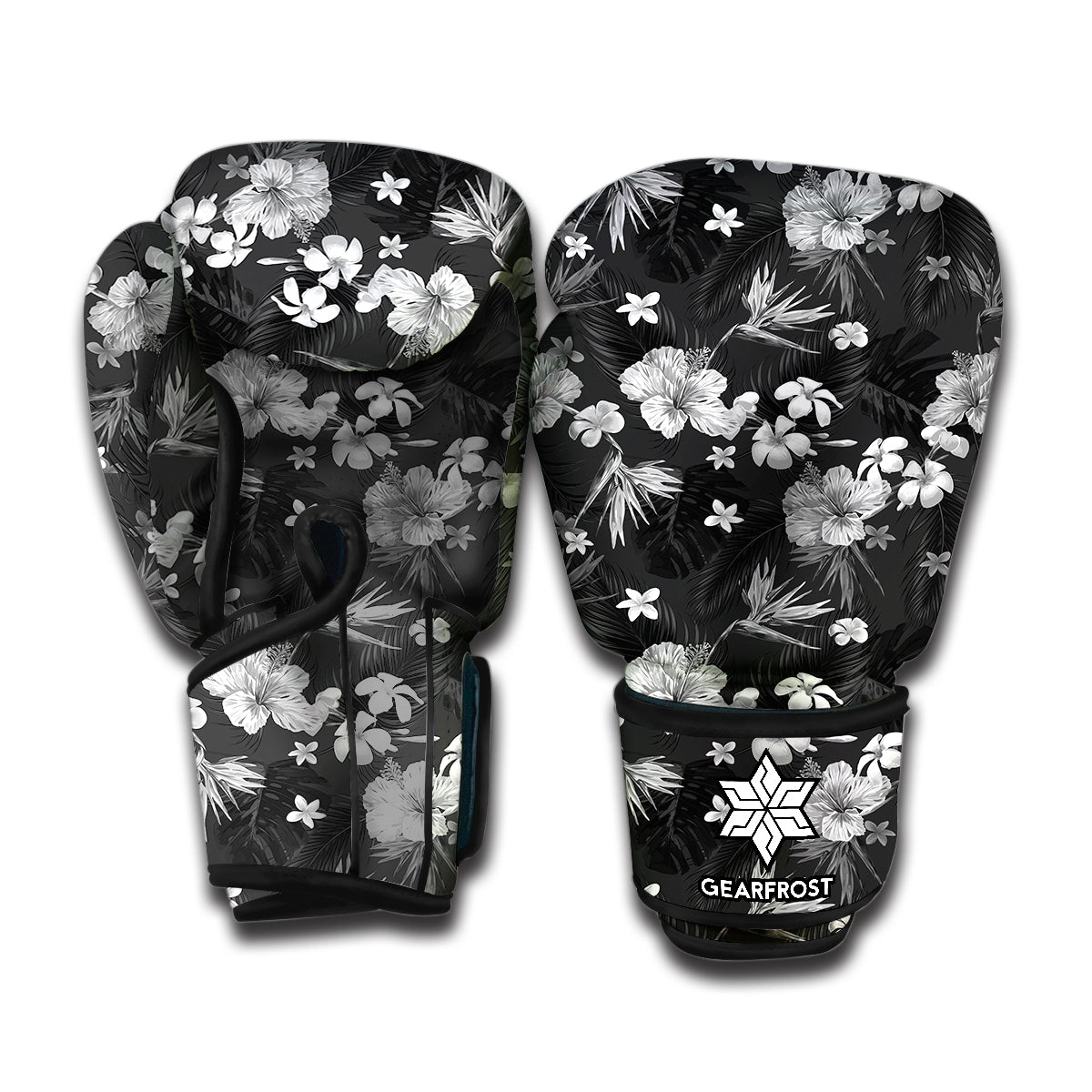Monochrome Hawaiian Floral Print Boxing Gloves