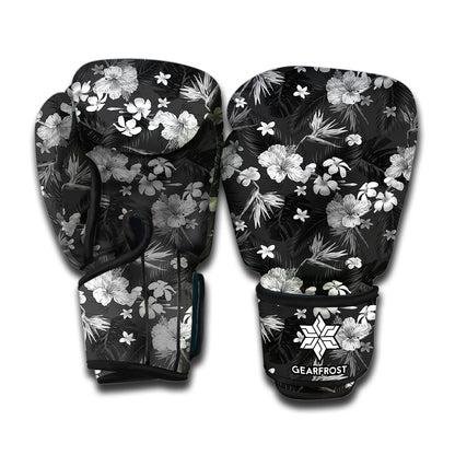 Monochrome Hawaiian Floral Print Boxing Gloves