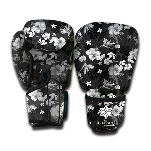Monochrome Hawaiian Floral Print Boxing Gloves