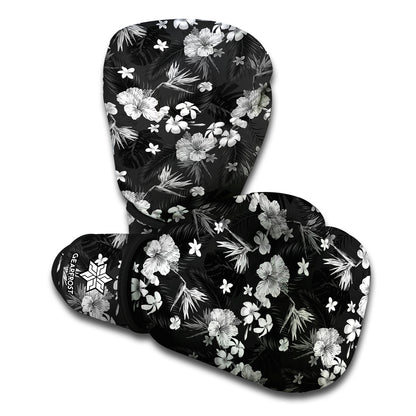 Monochrome Hawaiian Floral Print Boxing Gloves