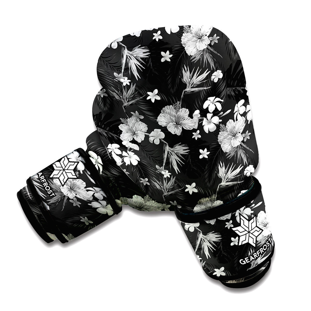 Monochrome Hawaiian Floral Print Boxing Gloves