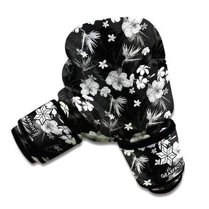 Monochrome Hawaiian Floral Print Boxing Gloves