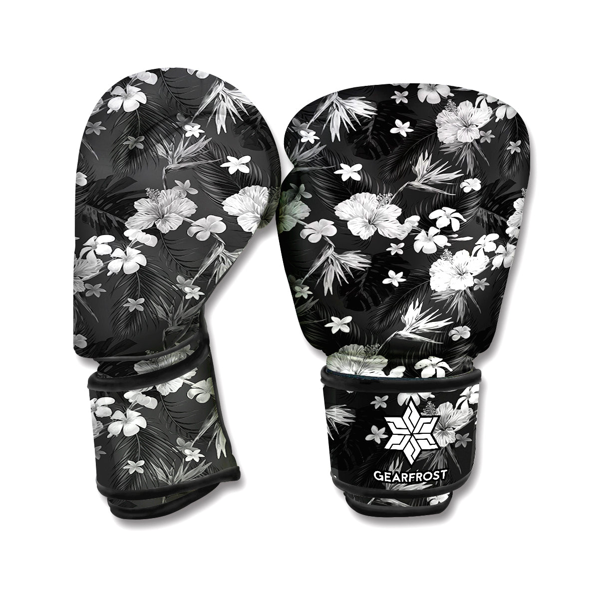 Monochrome Hawaiian Floral Print Boxing Gloves