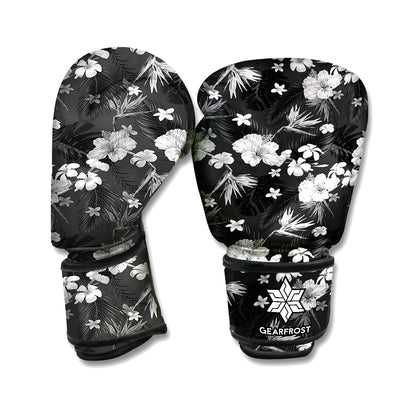 Monochrome Hawaiian Floral Print Boxing Gloves