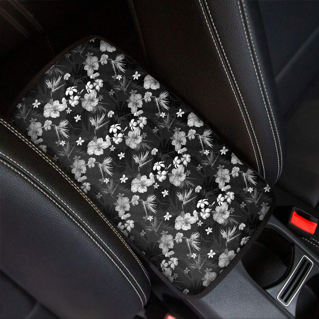 Monochrome Hawaiian Floral Print Car Center Console Cover