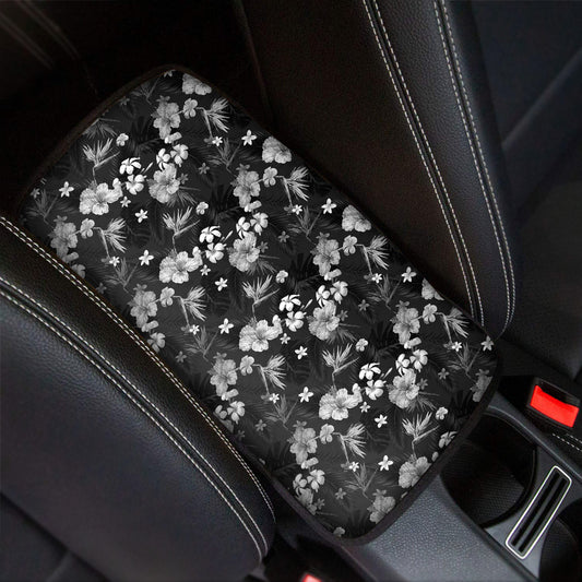 Monochrome Hawaiian Floral Print Car Center Console Cover